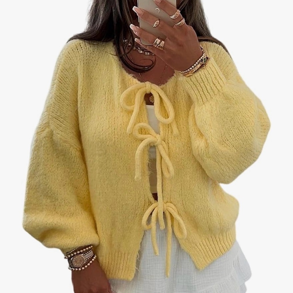 Yellow Tie Front Sweater - Yellow - Medium